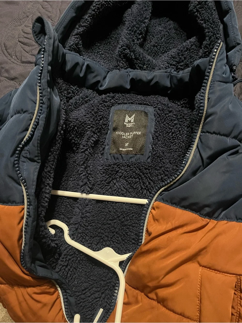 Kids Hooded Colorblock Puffer Jacket in Navy and Brown